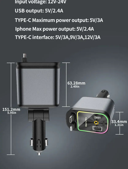 4 in 1 Car Charger with Retractable Cable Atmosphere Lamp Star Top Light 120W Adapter Car Phone Charger USB Type-C Ports 12-24V