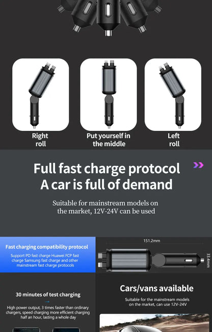 4 in 1 Car Charger with Retractable Cable Atmosphere Lamp Star Top Light 120W Adapter Car Phone Charger USB Type-C Ports 12-24V