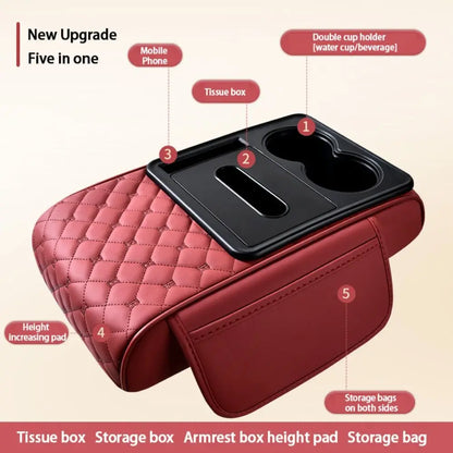 Portable Center Console Armrest Cushion PU Leather Multifunctional Armrest Pad Height Increasing with Cup Holder Tissue Box